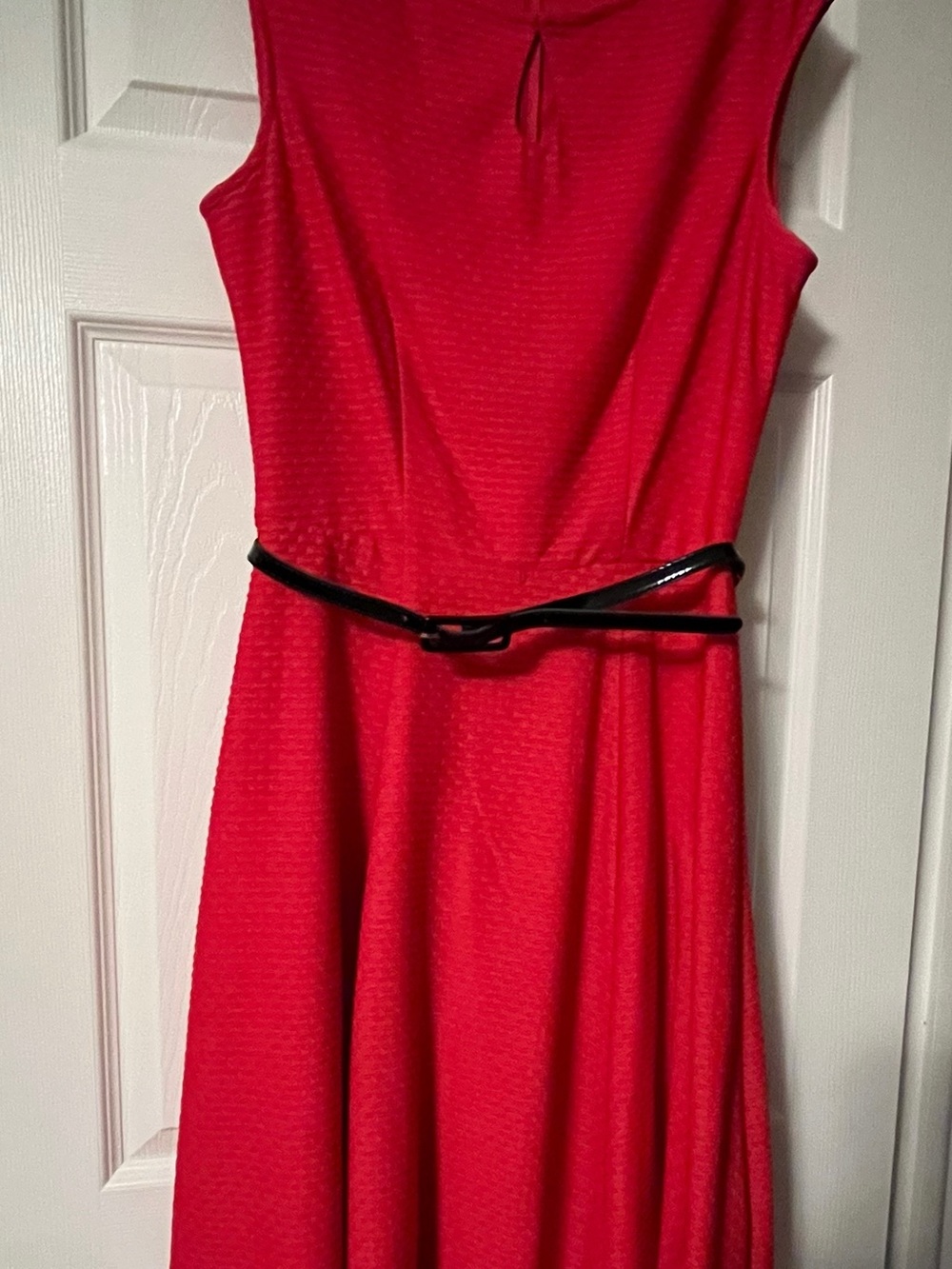 London Style Bright Red Textured Fit-and-Flare Dress with Black Belt